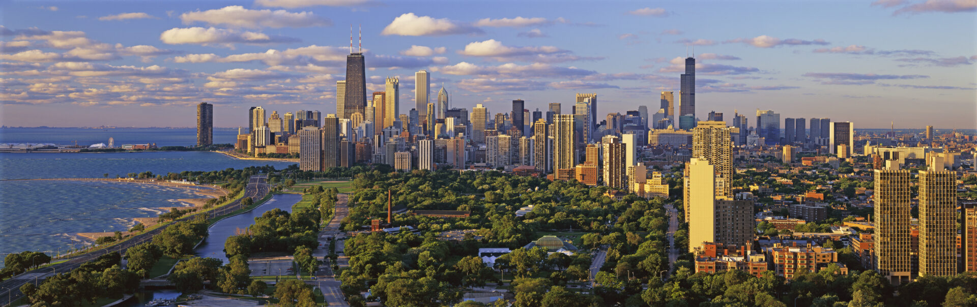 The Chicago skyline seen across Lincoln Park and the lakefront