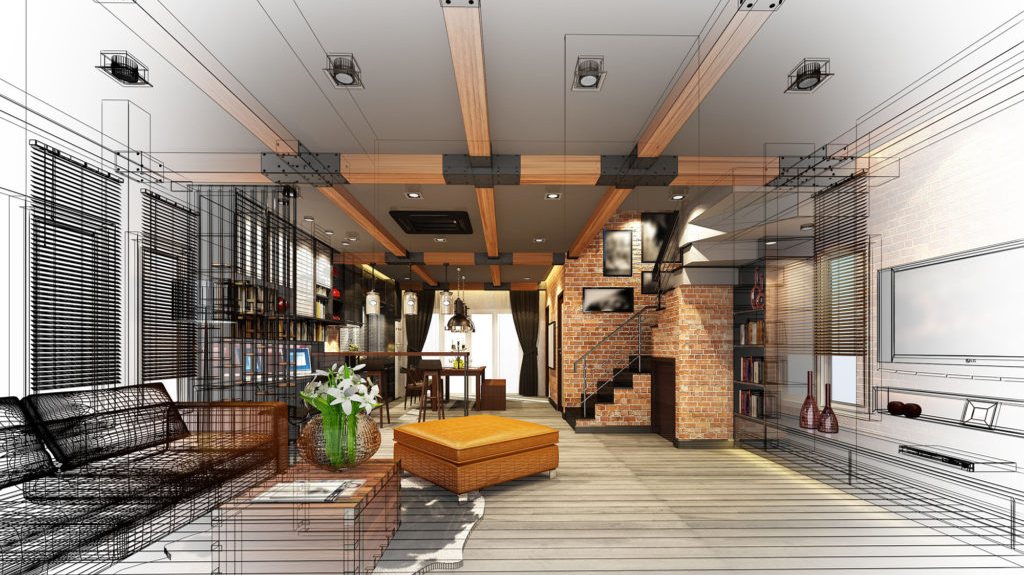 An architectural rendering of a residential interior, half wireframe and half finished